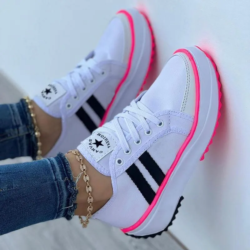Bjlxn Summer Platform Women's Canvas Sneakers Casual Running Walking Ladies Shoes Flat Platform Round Toe Increasing Footwear