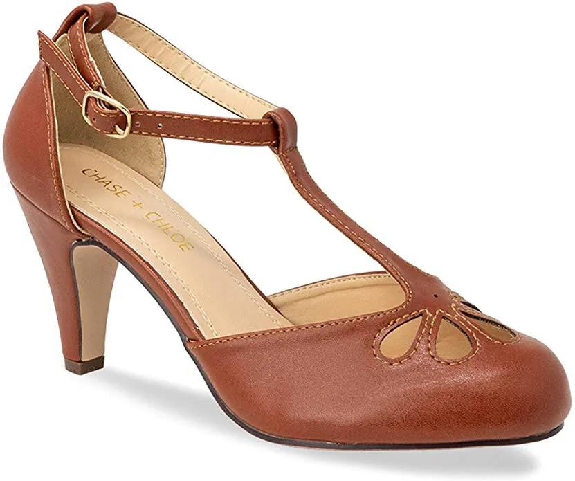 Chase & Chloe Kimmy-36 Women's Teardrop T-Strap Mid Heel Pumps, Tan Pu