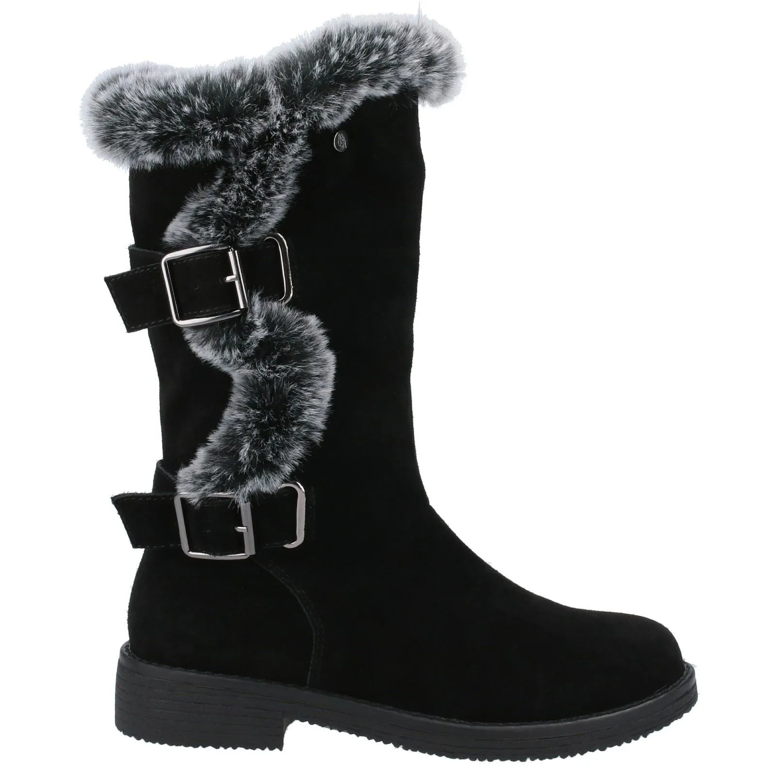 Hush Puppies Megan Black Suede Leather and Faux Fur Female Ladies Mid Boot