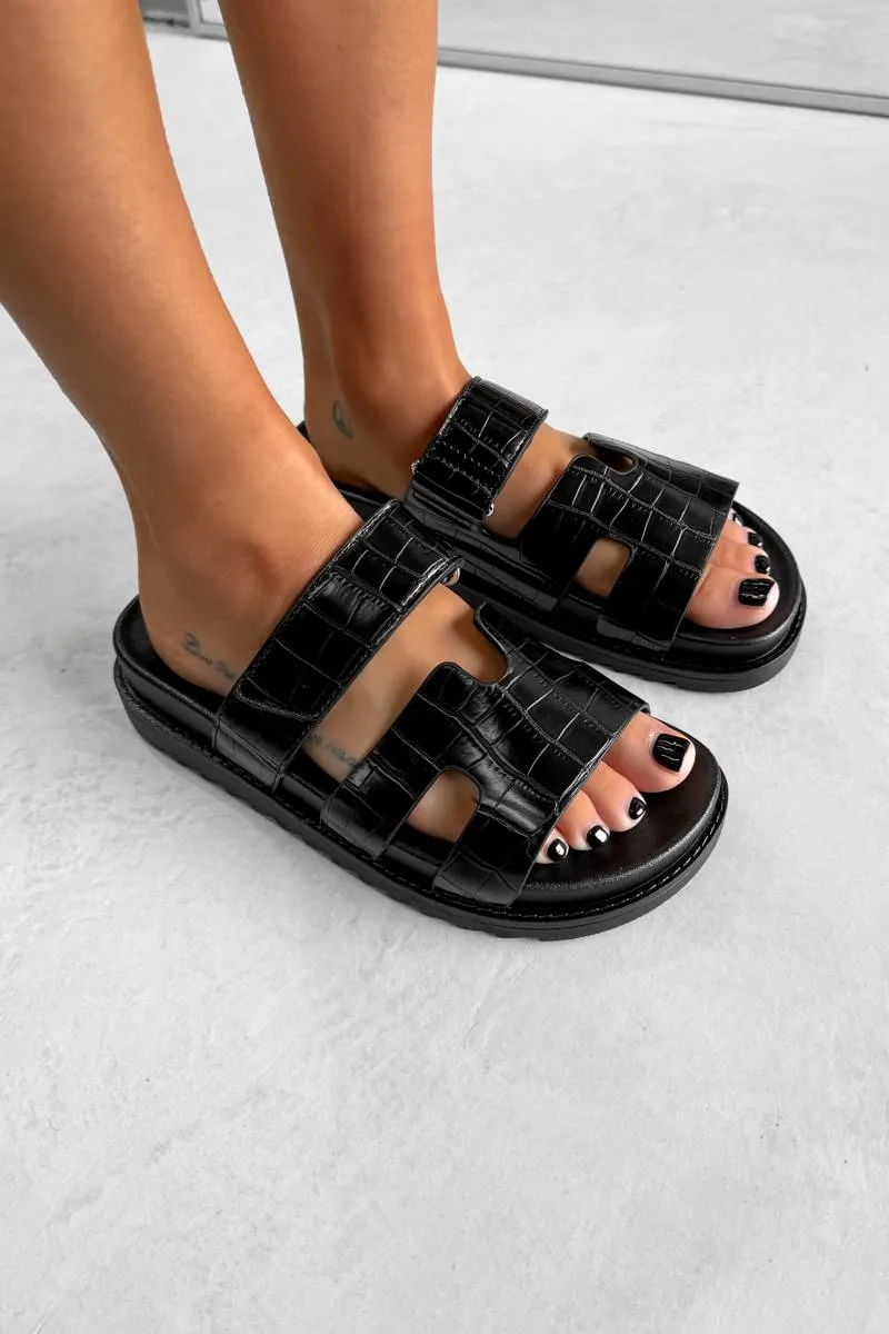 INDIE Gladiator Strap Slider Sandals - Black Croc