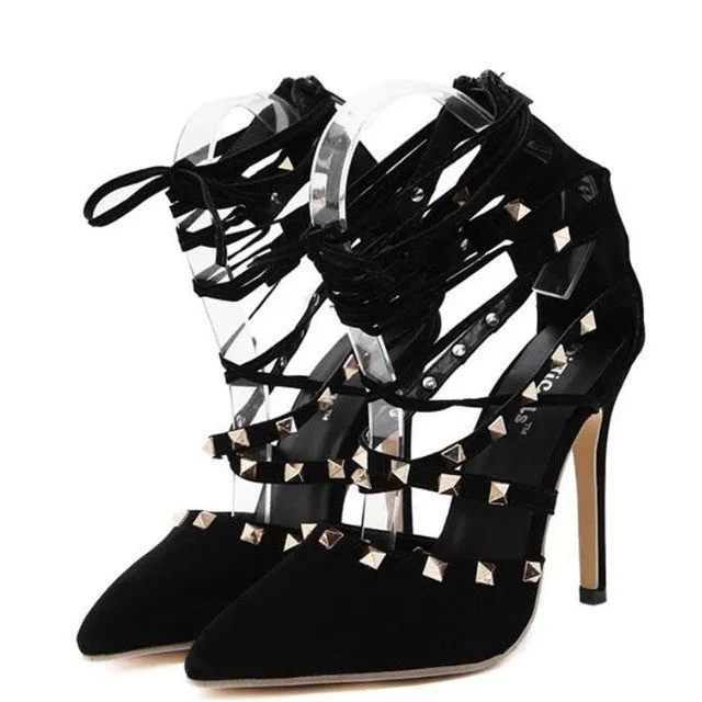 Lace Up Studded Pointed Toe Stilettos