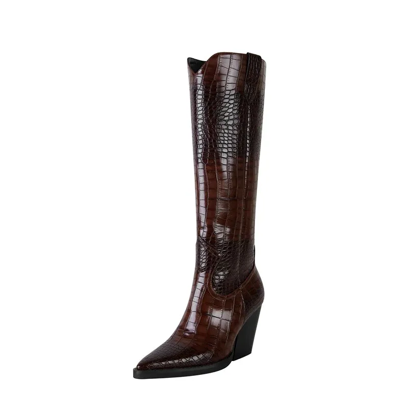Oversized Women's Pointed Thick Heeled Western Long Boots