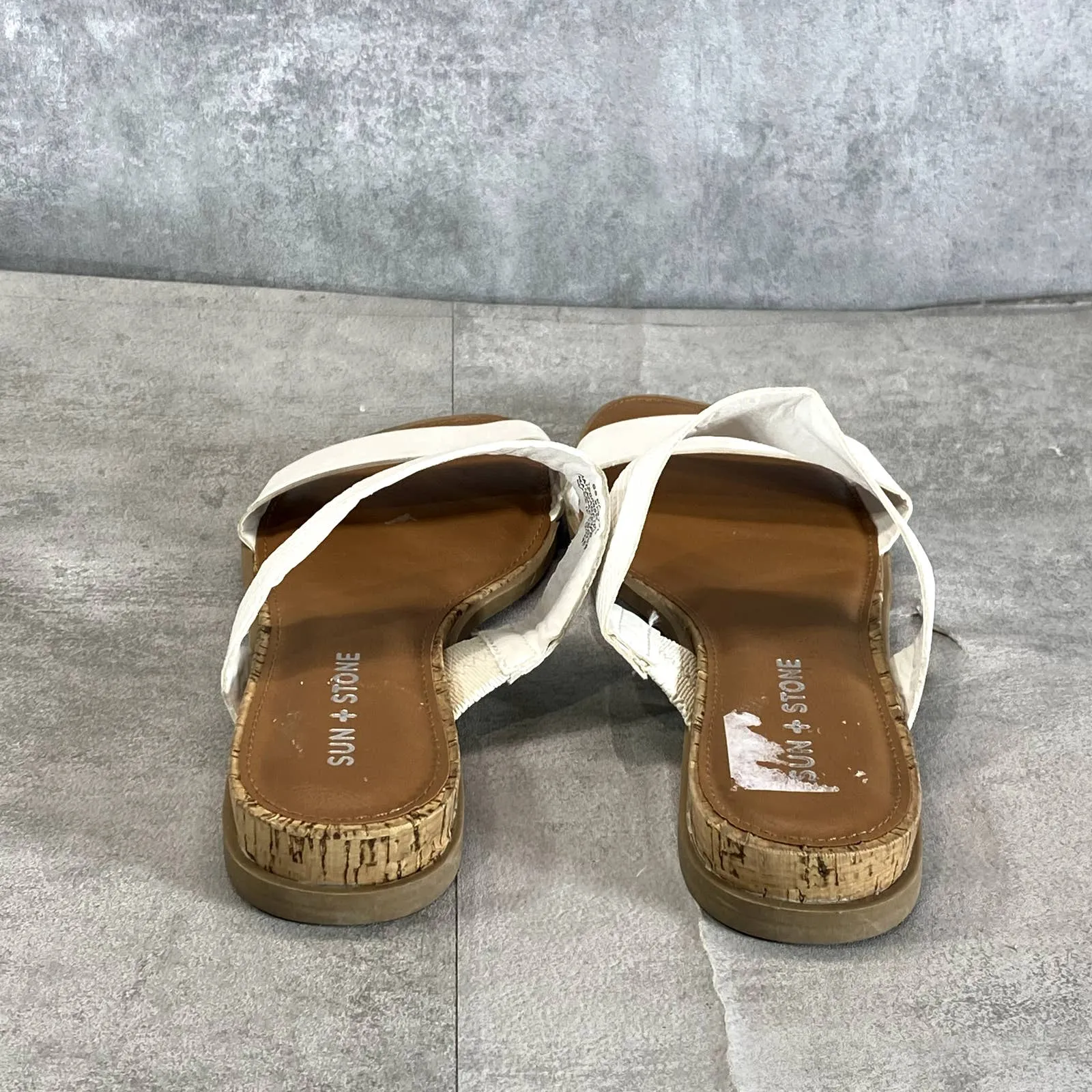 SUN STONE Women's White Easten Embossed Round-Toe Slide Wedge Sandals SZ 6.5
