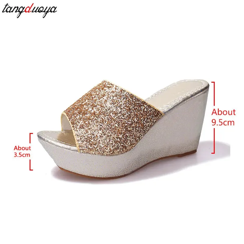 Women's Sparkly High Wedge Mesh Slip On Sandals